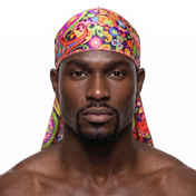 Black Hippie graphic Satin Silky Durag worn by male model, front view on white background