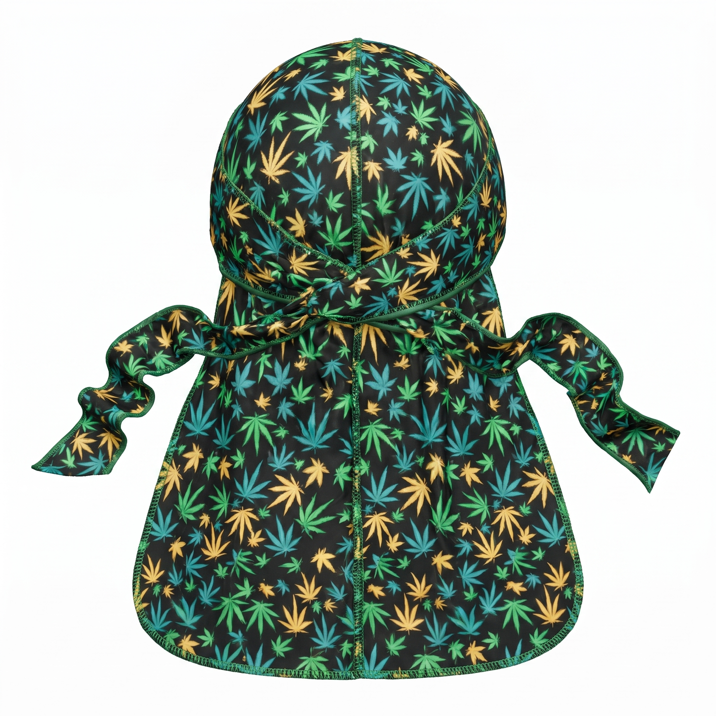 Cannabis Orange Green leaf print Satin Silky Durag - premium silky durag back view showing wrap straps, tail and stitching