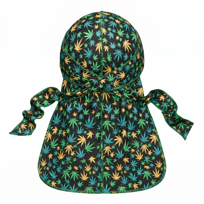 Cannabis Orange Green leaf print Satin Silky Durag - premium silky durag back view showing wrap straps, tail and stitching