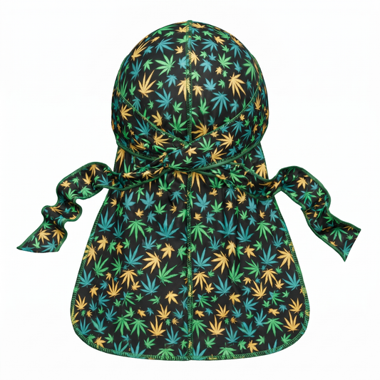 Cannabis Orange Green leaf print Satin Silky Durag - premium silky durag back view showing wrap straps, tail and stitching