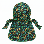 Cannabis Orange Green leaf print Satin Silky Durag - premium silky durag back view showing wrap straps, tail and stitching