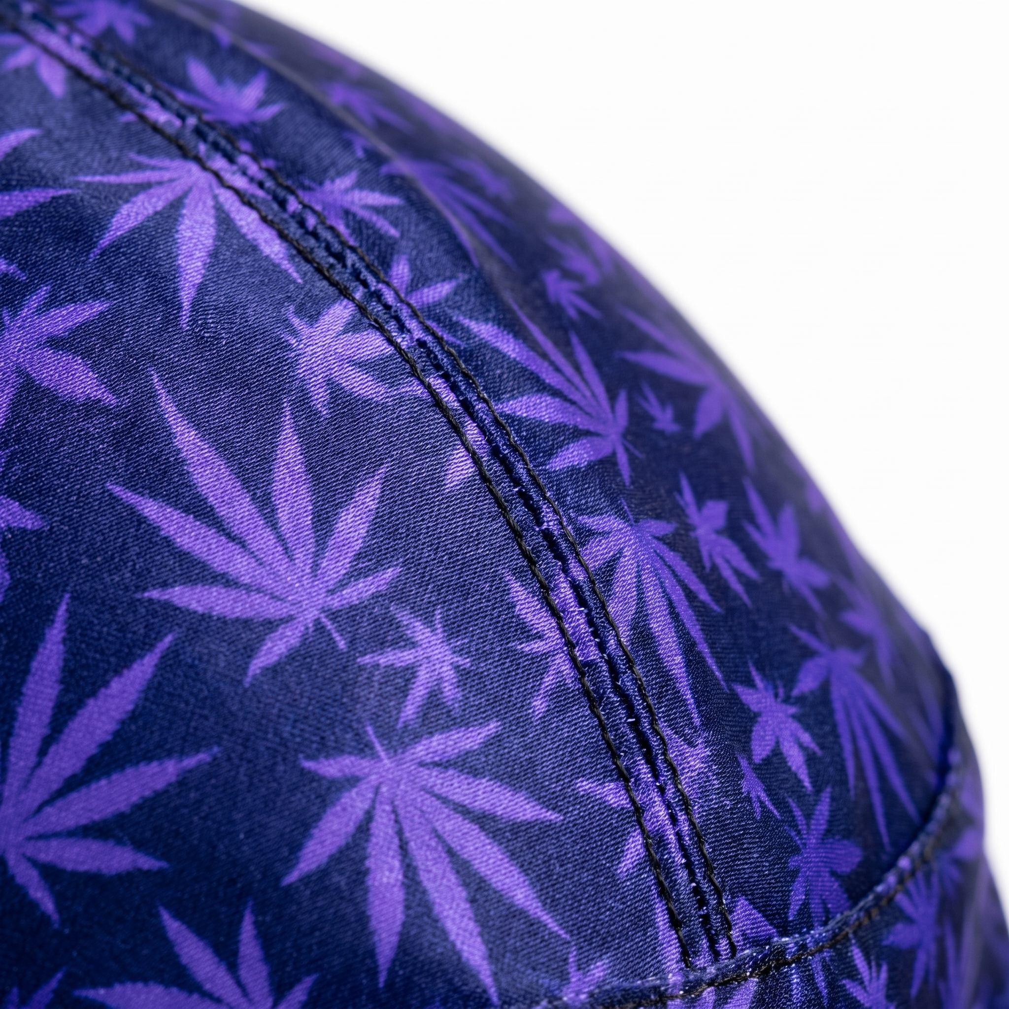 Cannabis Purple leaf print Satin Silky Durag fabric close-up showing Cannabis Purple leaf print print and stitching detail