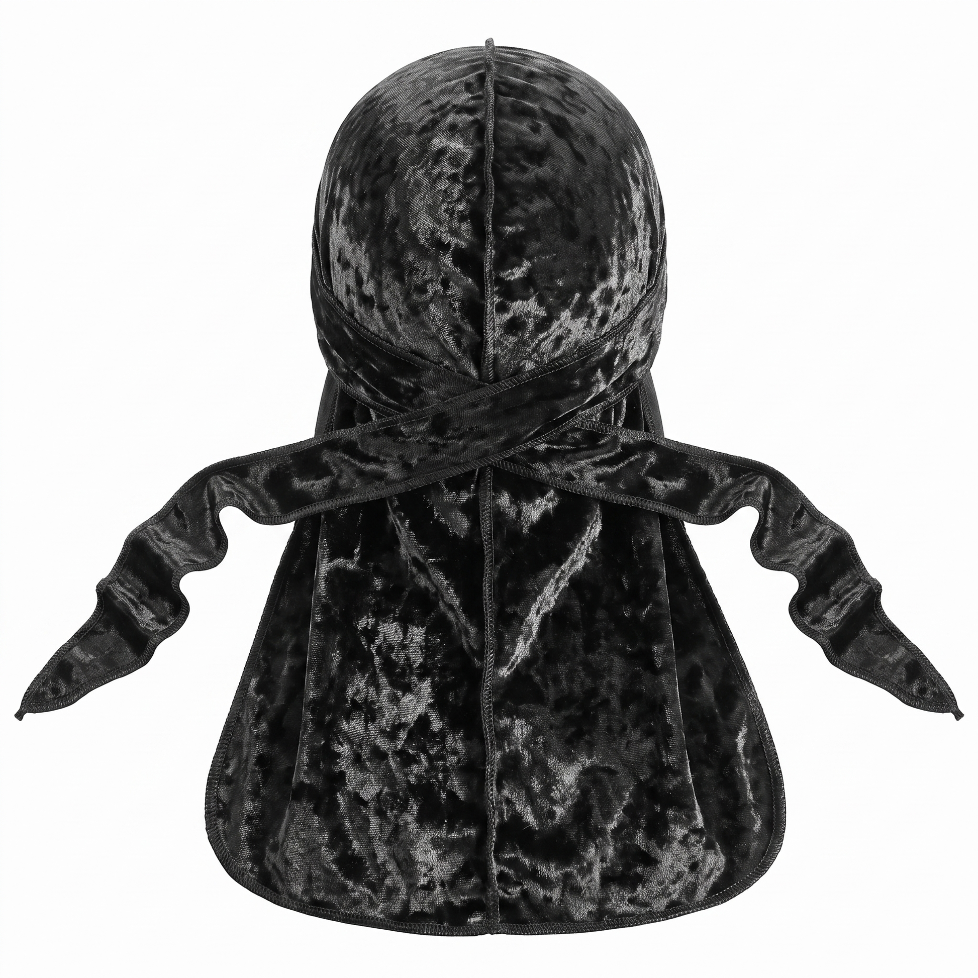 Premium Crushed Velvet Black Durag - premium velvet durag back view showing wrap straps, tail and stitching