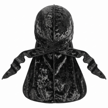 Premium Crushed Velvet Black Durag - premium velvet durag back view showing wrap straps, tail and stitching