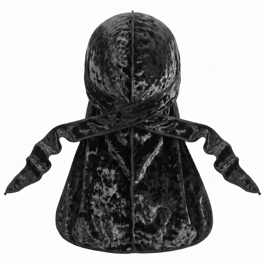 Premium Crushed Velvet Black Durag - premium velvet durag back view showing wrap straps, tail and stitching
