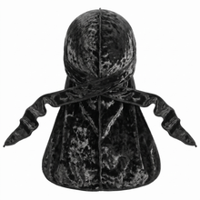 Premium Crushed Velvet Black Durag - premium velvet durag back view showing wrap straps, tail and stitching