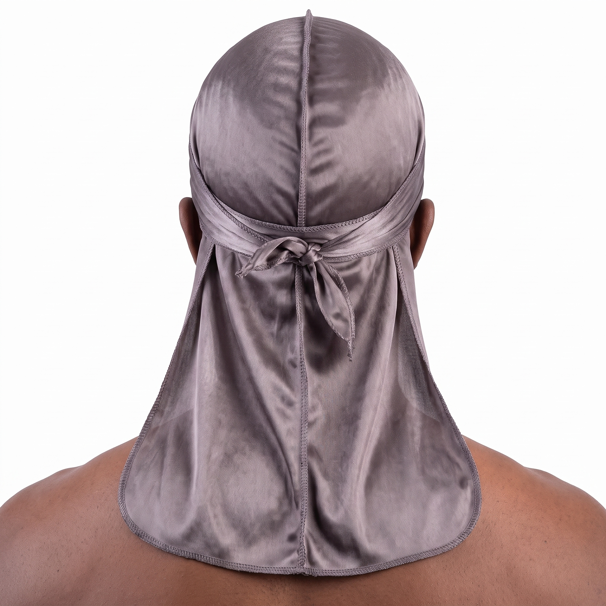 JagRags Stretchy Gun Metal and Silk Durag for Men worn by male model, back view showing tied wrap and tail