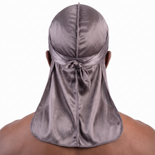 JagRags Stretchy Gun Metal and Silk Durag for Men worn by male model, back view showing tied wrap and tail