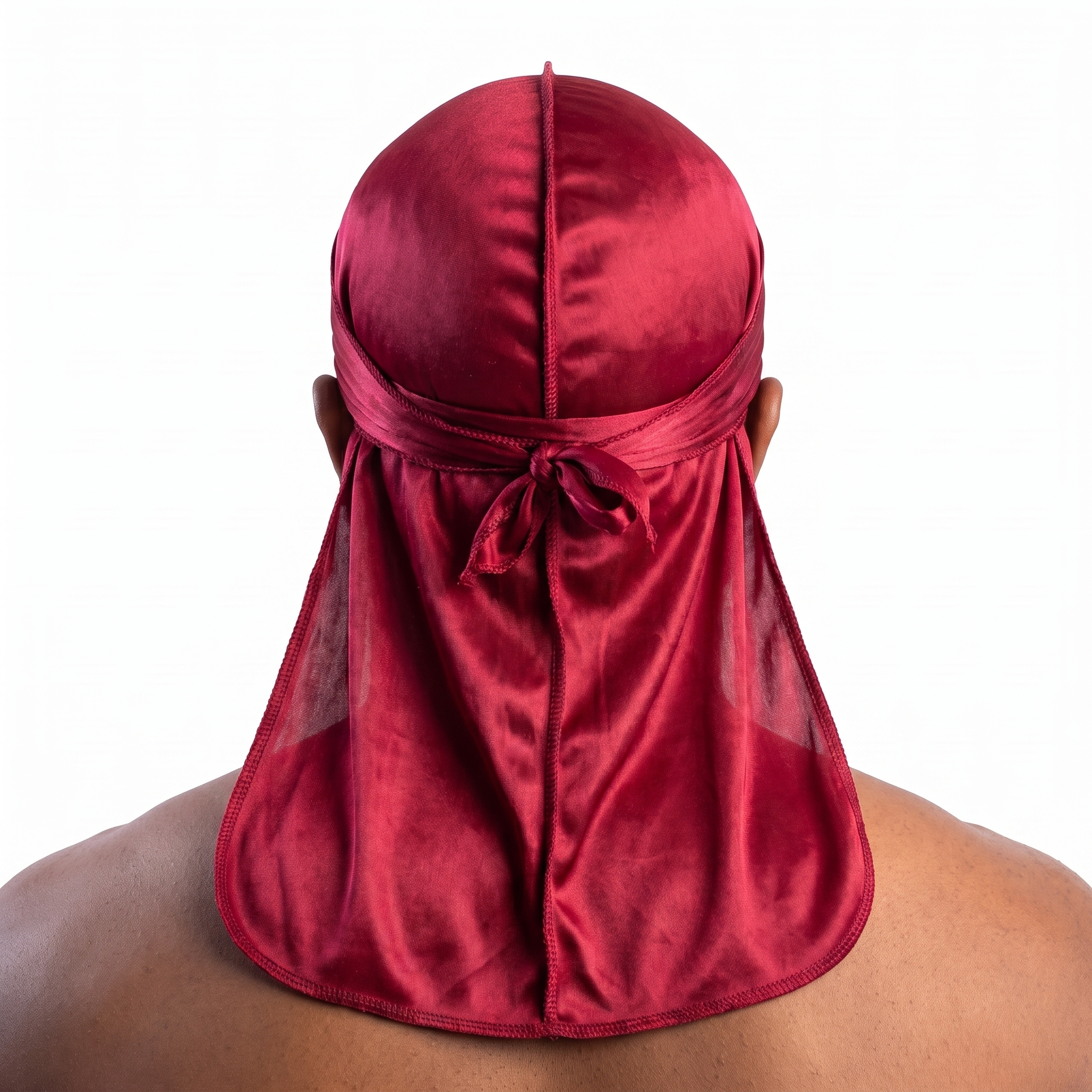 Premium Cherry Red  Silk Durag worn by male model, back view showing tied wrap and tail