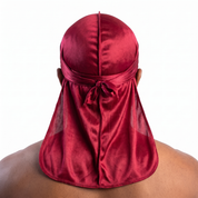 Premium Cherry Red  Silk Durag worn by male model, back view showing tied wrap and tail