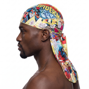 Spider Man web graphic Satin Silky Durag worn by male model, side profile showing fit and tail drape