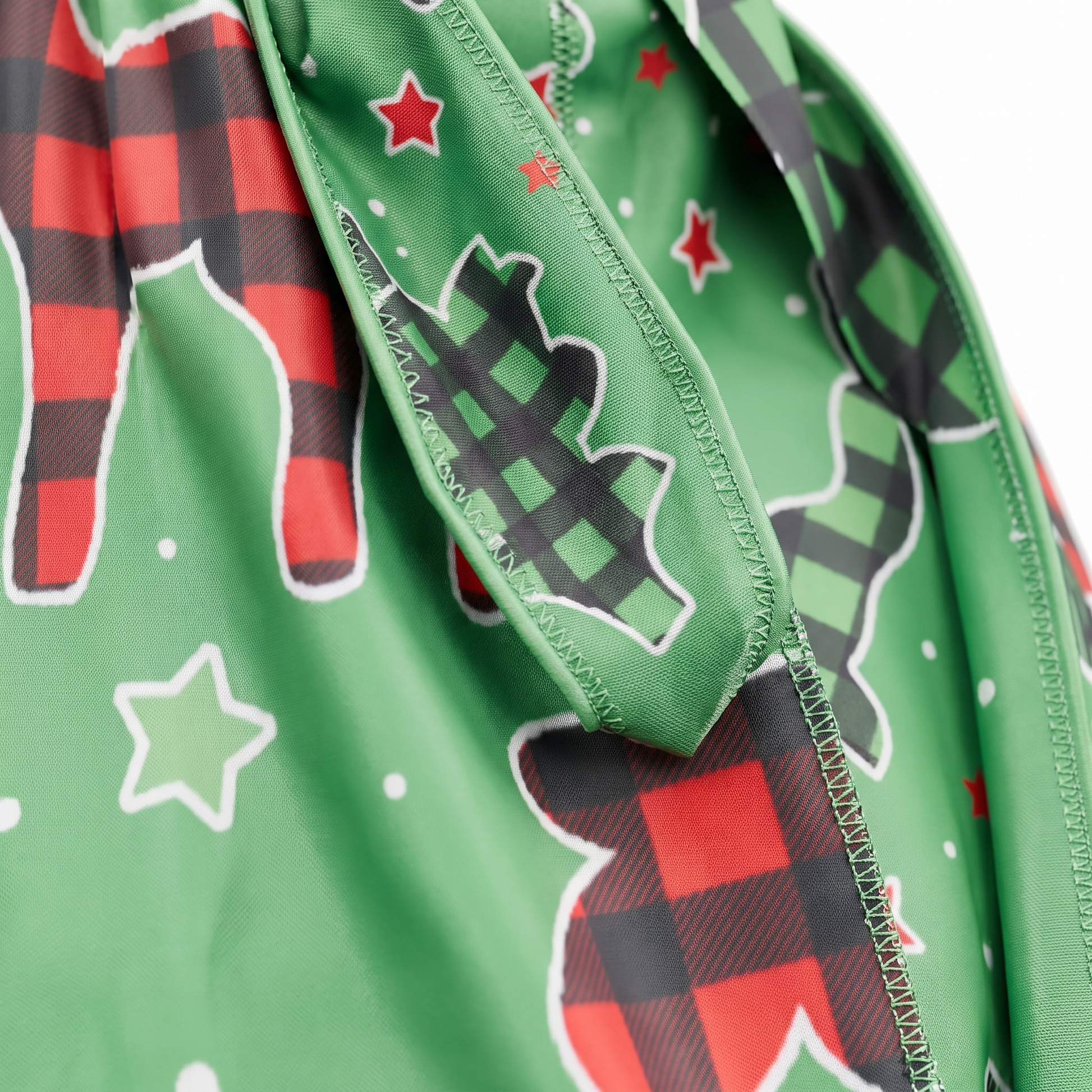 Christmas Time Green holiday Satin Silky Durag fabric close-up showing Christmas Time Green holiday print and stitching detail