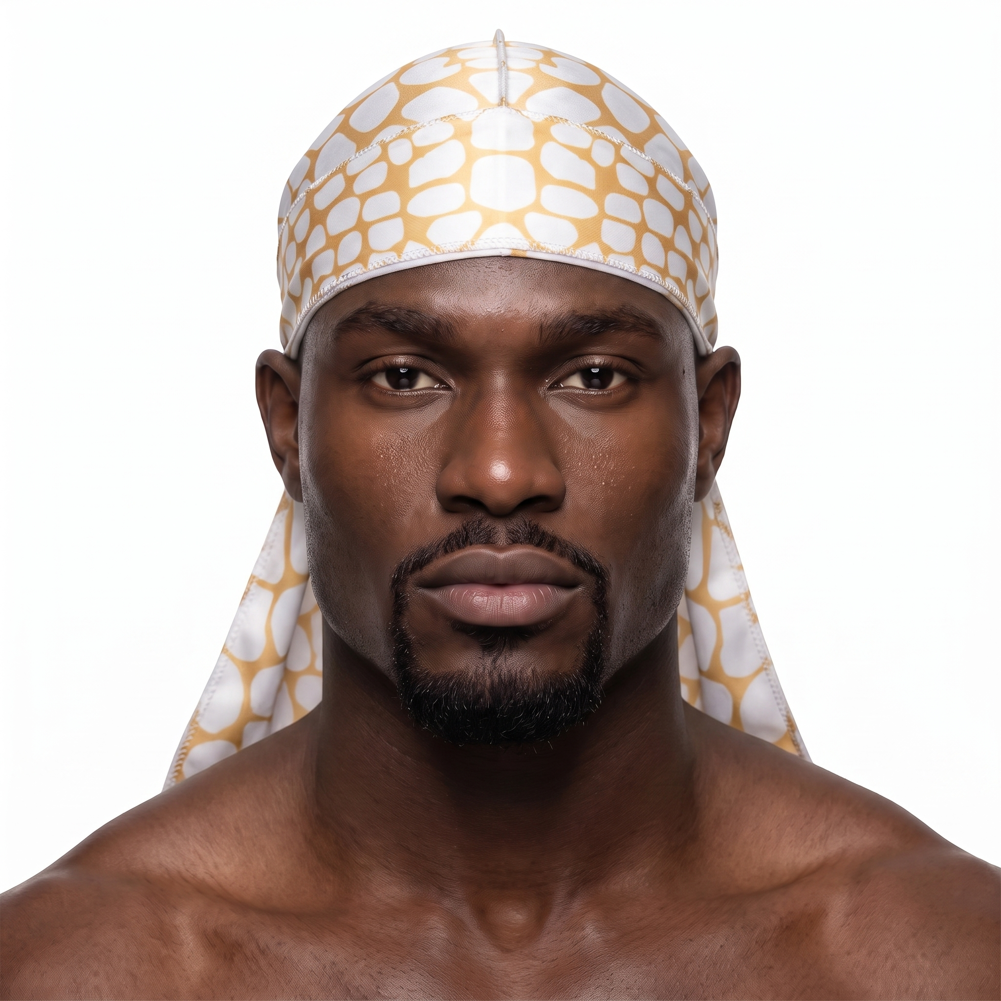 Tan crocodile skin Satin Silky Durag worn by male model, front view on white background