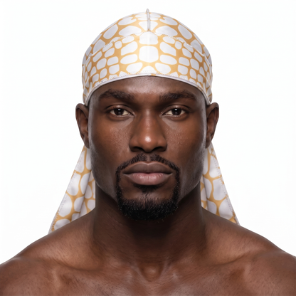 Tan crocodile skin Satin Silky Durag worn by male model, front view on white background