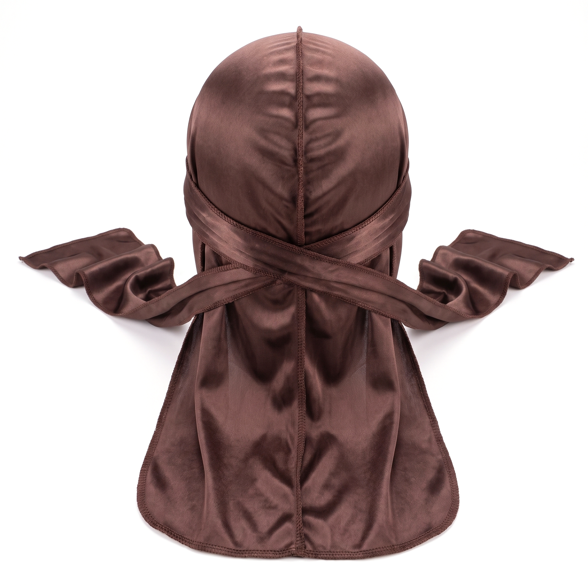 Premium Silk Durag Coffee Brown - premium heavy silky durag back view showing wrap straps, tail and stitching