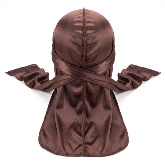 Premium Silk Durag Coffee Brown - premium heavy silky durag back view showing wrap straps, tail and stitching