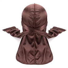 Premium Silk Durag Coffee Brown - premium heavy silky durag back view showing wrap straps, tail and stitching