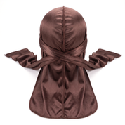 Premium Silk Durag Coffee Brown - premium heavy silky durag back view showing wrap straps, tail and stitching