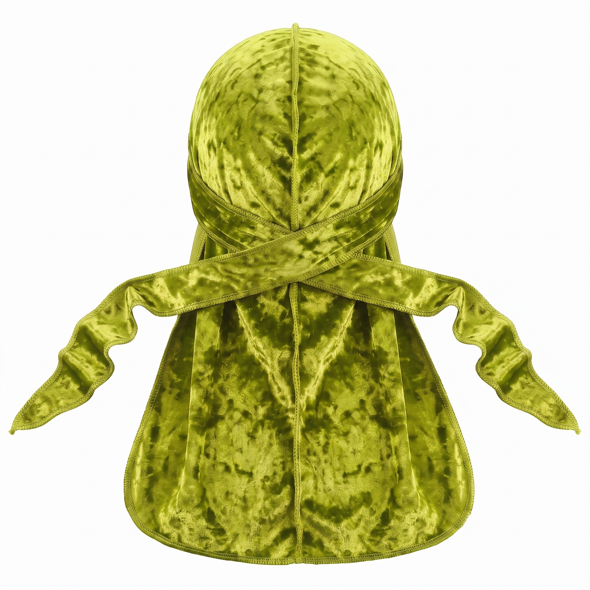 Premium Crushed Velvet Lime Green Durag - premium crushed velvet durag back view showing wrap straps, tail and stitching