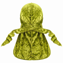 Premium Crushed Velvet Lime Green Durag - premium crushed velvet durag back view showing wrap straps, tail and stitching