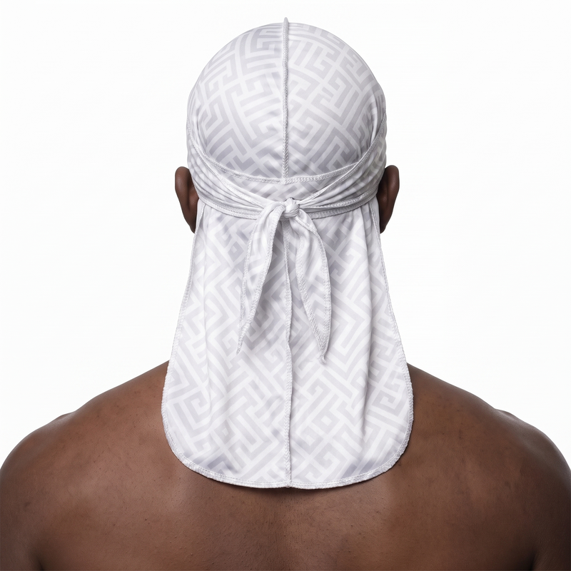 Ash Grey Maze geometric Satin Silky Durag worn by male model, back view showing tied wrap and tail