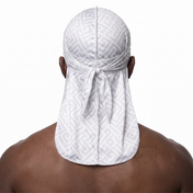 Ash Grey Maze geometric Satin Silky Durag worn by male model, back view showing tied wrap and tail