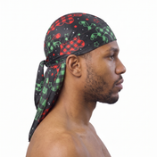 Christmas Time Black holiday Satin Silky Durag worn by male model, side profile showing fit and tail drape