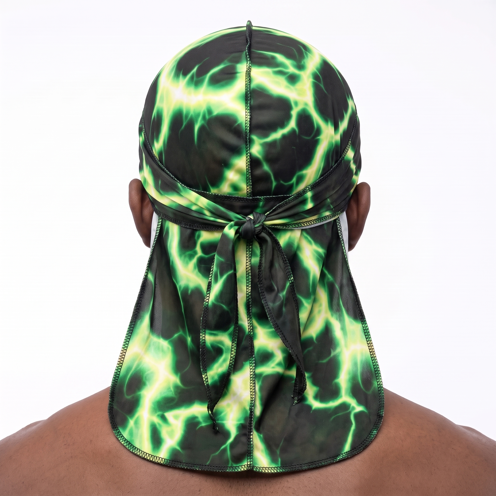 Voltage Green lightning Satin Silky Durag worn by male model, back view showing tied wrap and tail