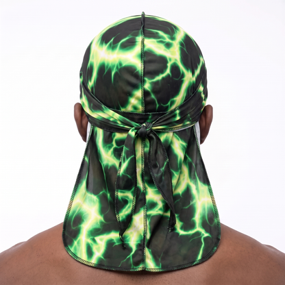 Voltage Green lightning Satin Silky Durag worn by male model, back view showing tied wrap and tail