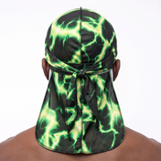 Voltage Green lightning Satin Silky Durag worn by male model, back view showing tied wrap and tail