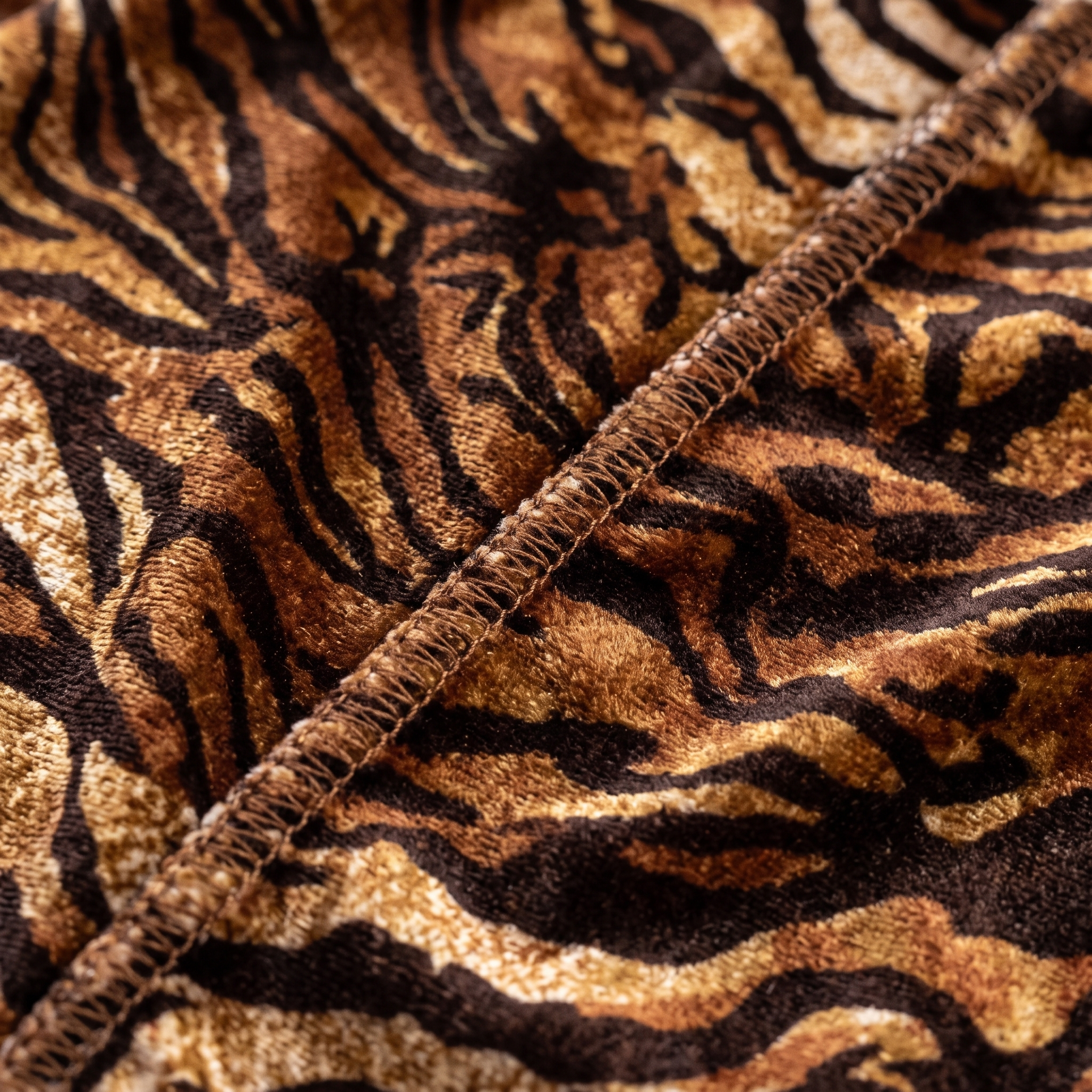 Elite Pattern Brown Tiger-Print Velvet Durag fabric close-up showing texture and stitching detail
