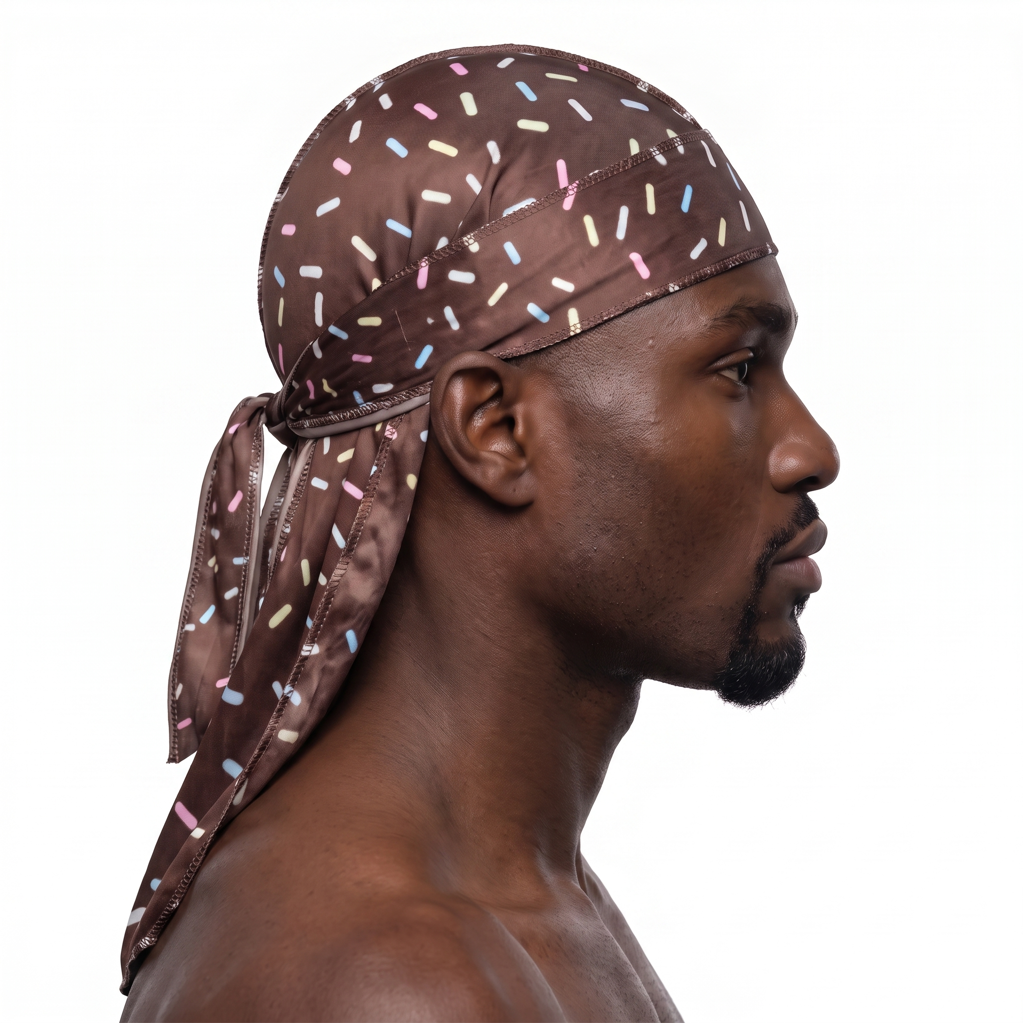 Dark brown ice cream sprinkle Satin Silky Durag worn by male model, side profile showing fit and tail drape