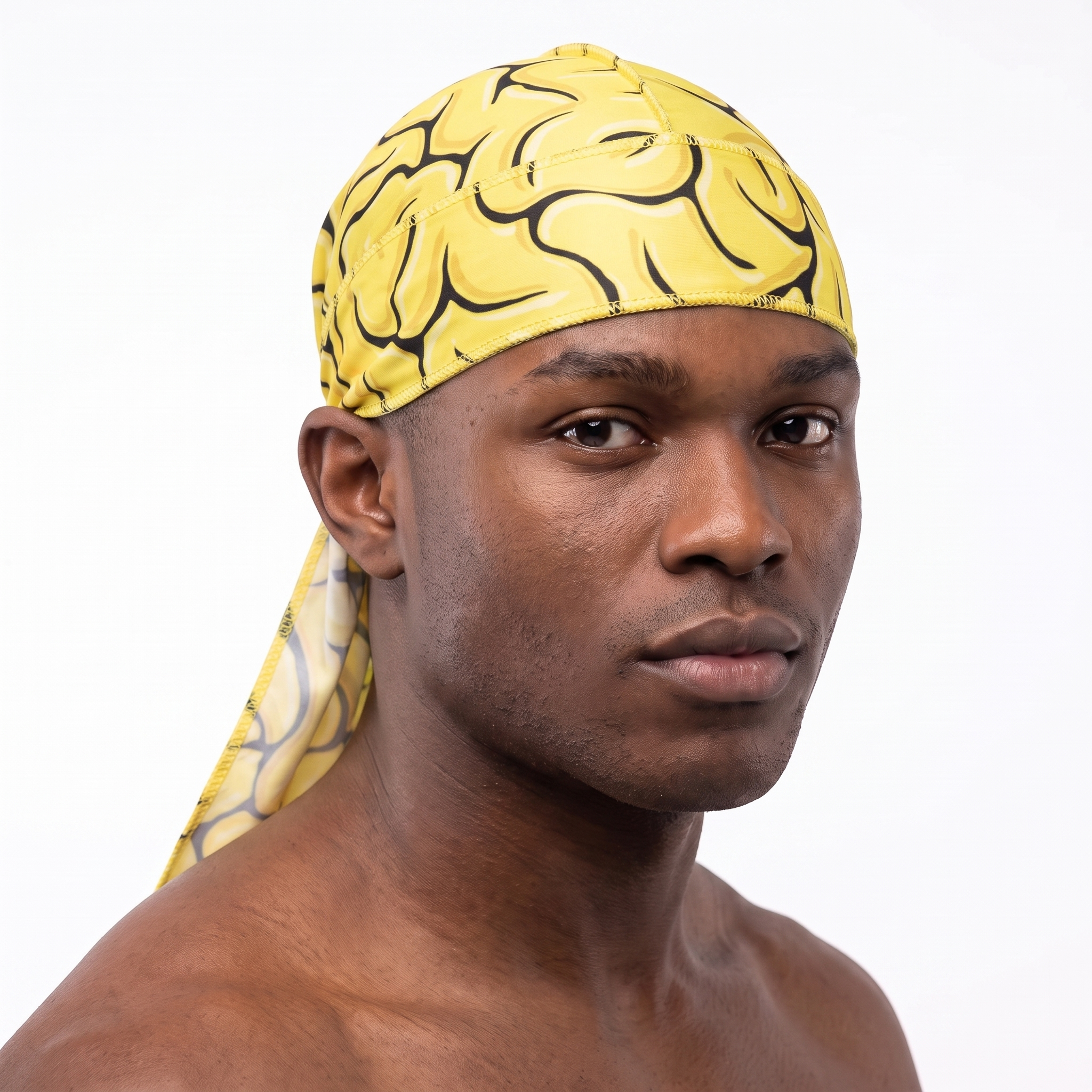 Yellow Brains graphic Satin Silky Durag worn by male model, front view on white background