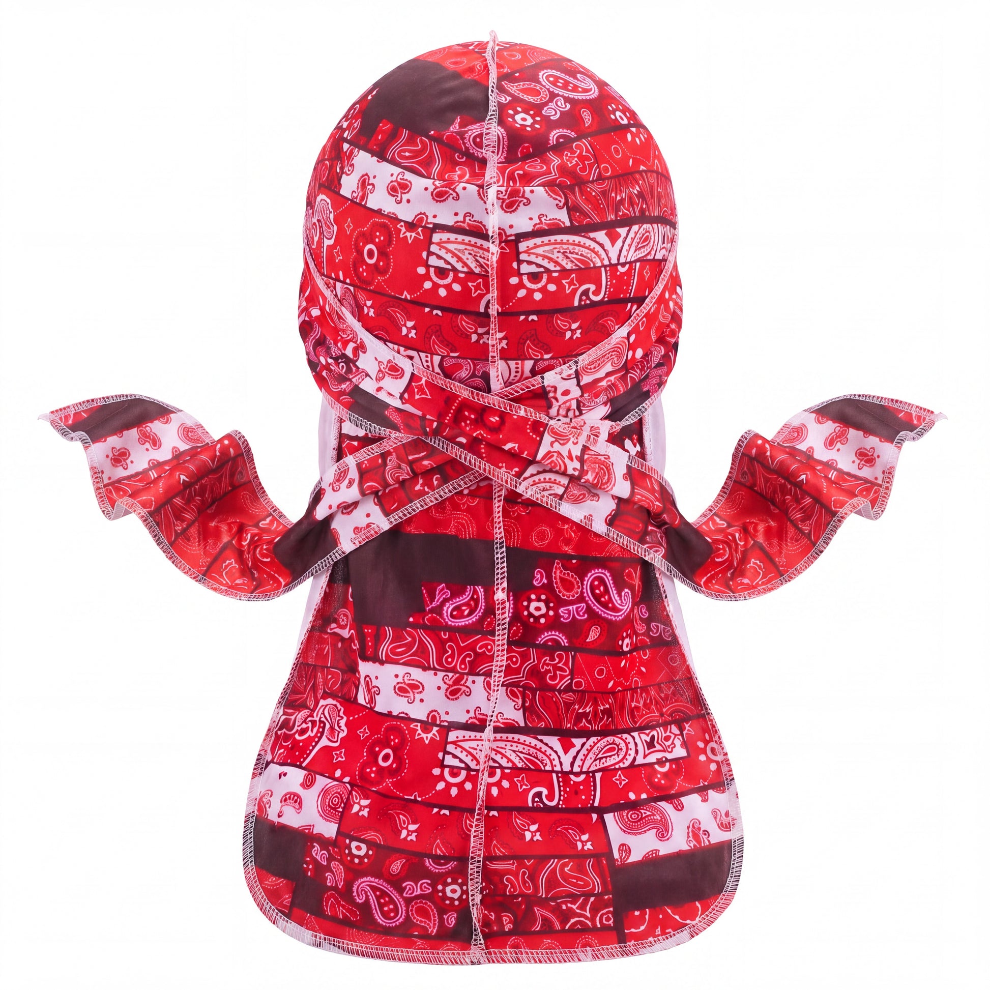 Elite Pattern Red Bandana Durag - premium durag back view showing wrap straps, tail and stitching