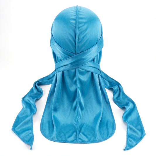 Premium Turquoise Blue Silk Durag - premium heavy silky durag back view showing wrap straps, tail and stitching