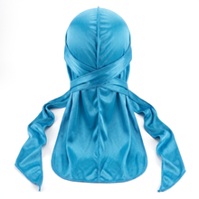 Premium Turquoise Blue Silk Durag - premium heavy silky durag back view showing wrap straps, tail and stitching