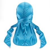 Premium Turquoise Blue Silk Durag - premium heavy silky durag back view showing wrap straps, tail and stitching