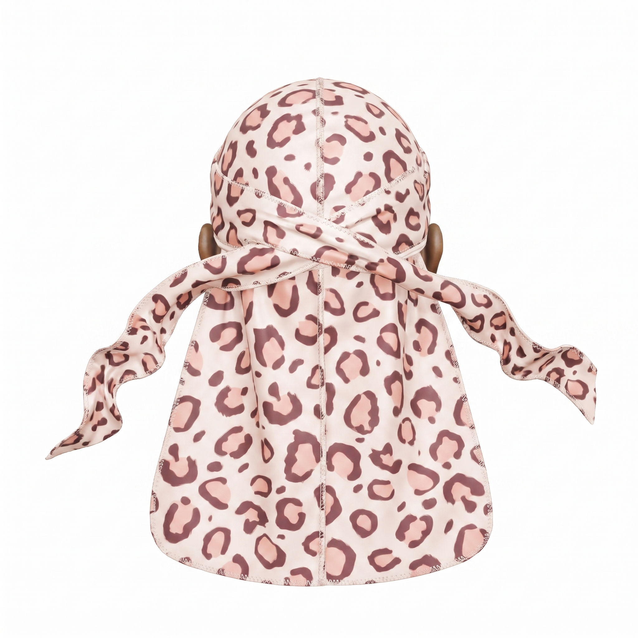 Pink leopard animal print Satin Silky Durag - premium silky durag back view showing wrap straps, tail and stitching