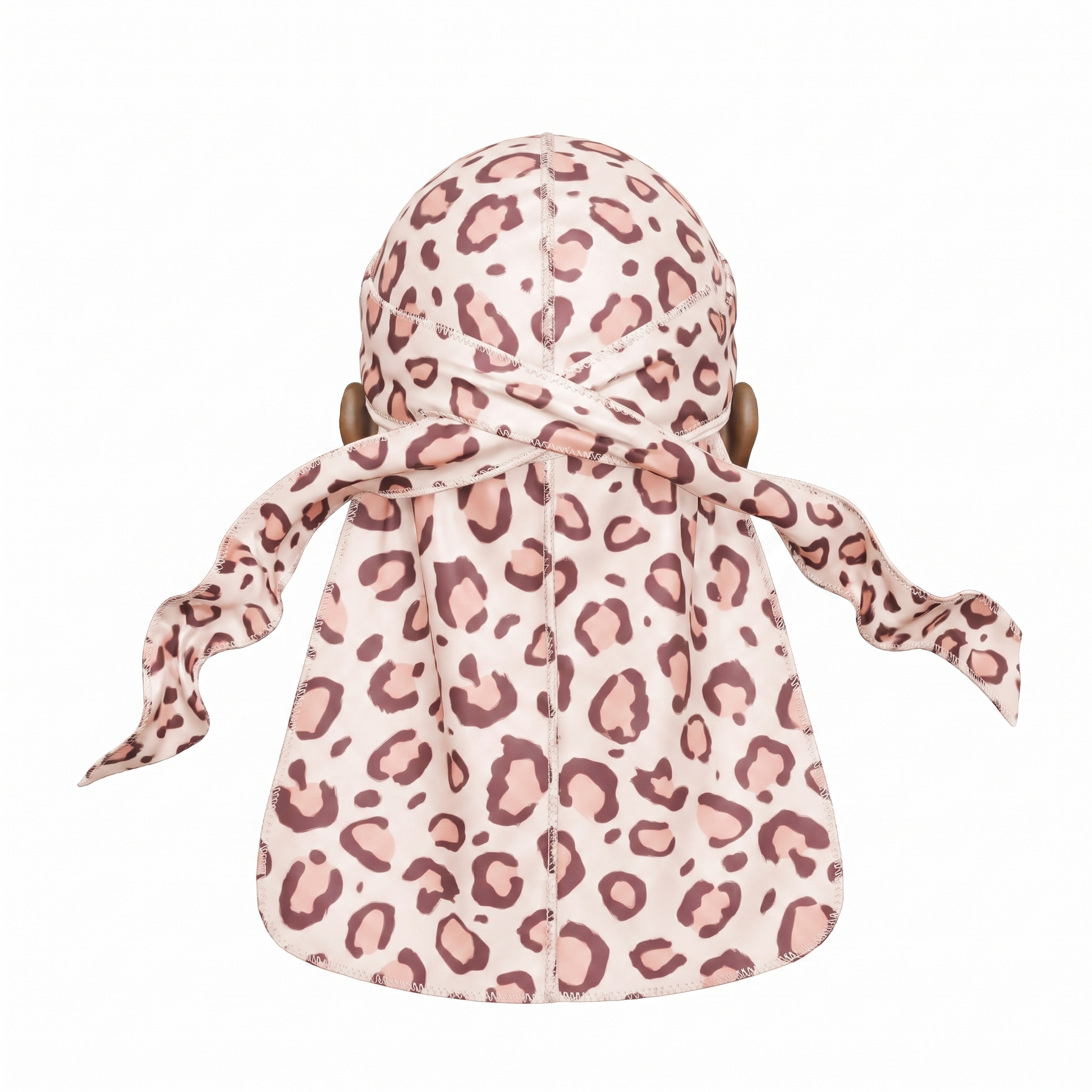 Pink leopard animal print Satin Silky Durag - premium silky durag back view showing wrap straps, tail and stitching