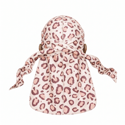 Pink leopard animal print Satin Silky Durag - premium silky durag back view showing wrap straps, tail and stitching