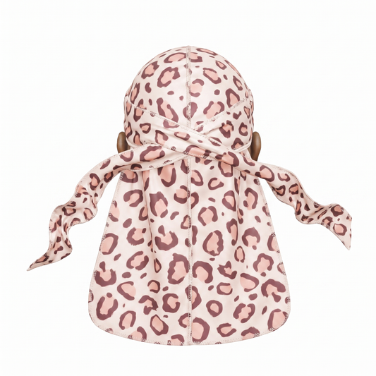 Pink leopard animal print Satin Silky Durag - premium silky durag back view showing wrap straps, tail and stitching