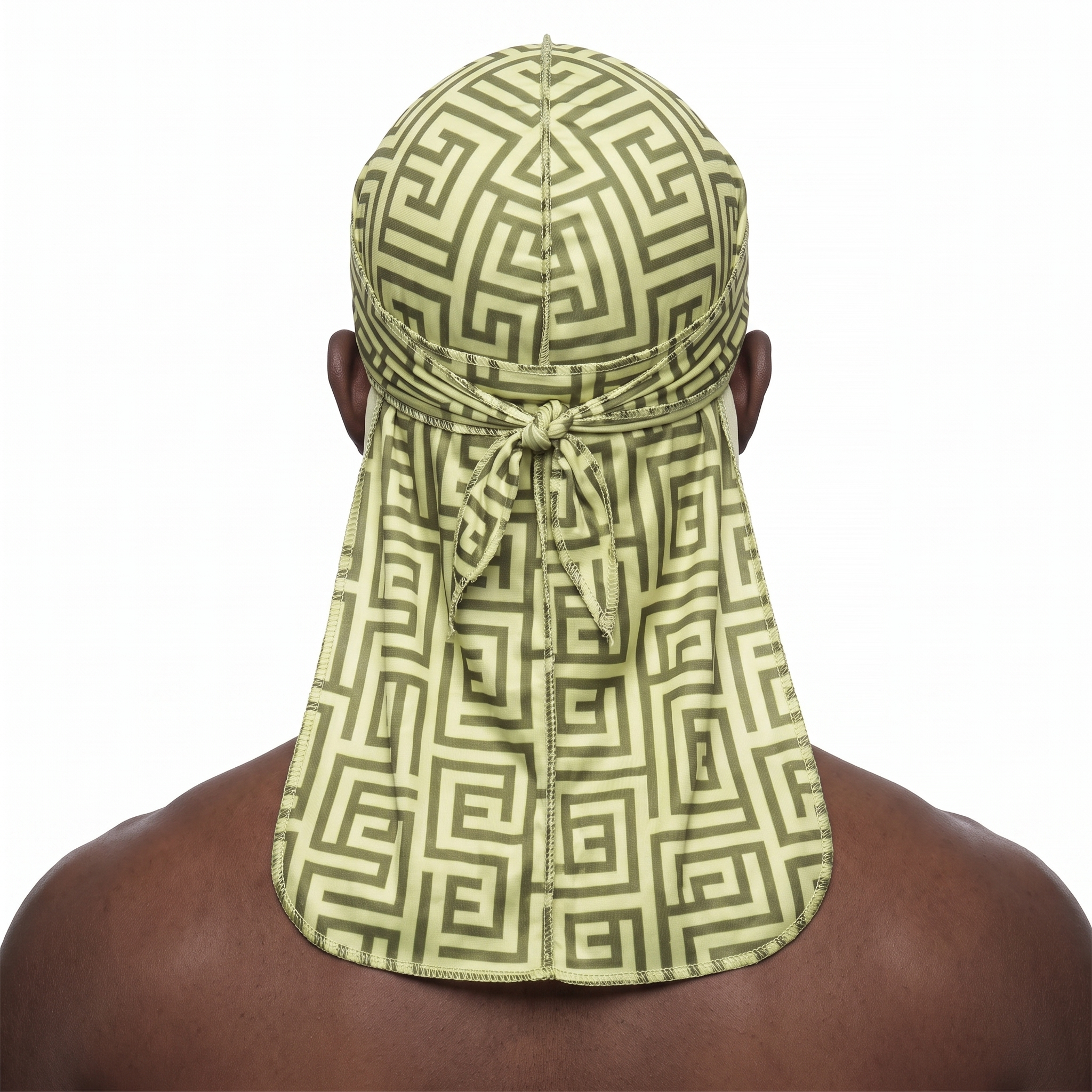 Olive Maze geometric Satin Silky Durag worn by male model, back view showing tied wrap and tail