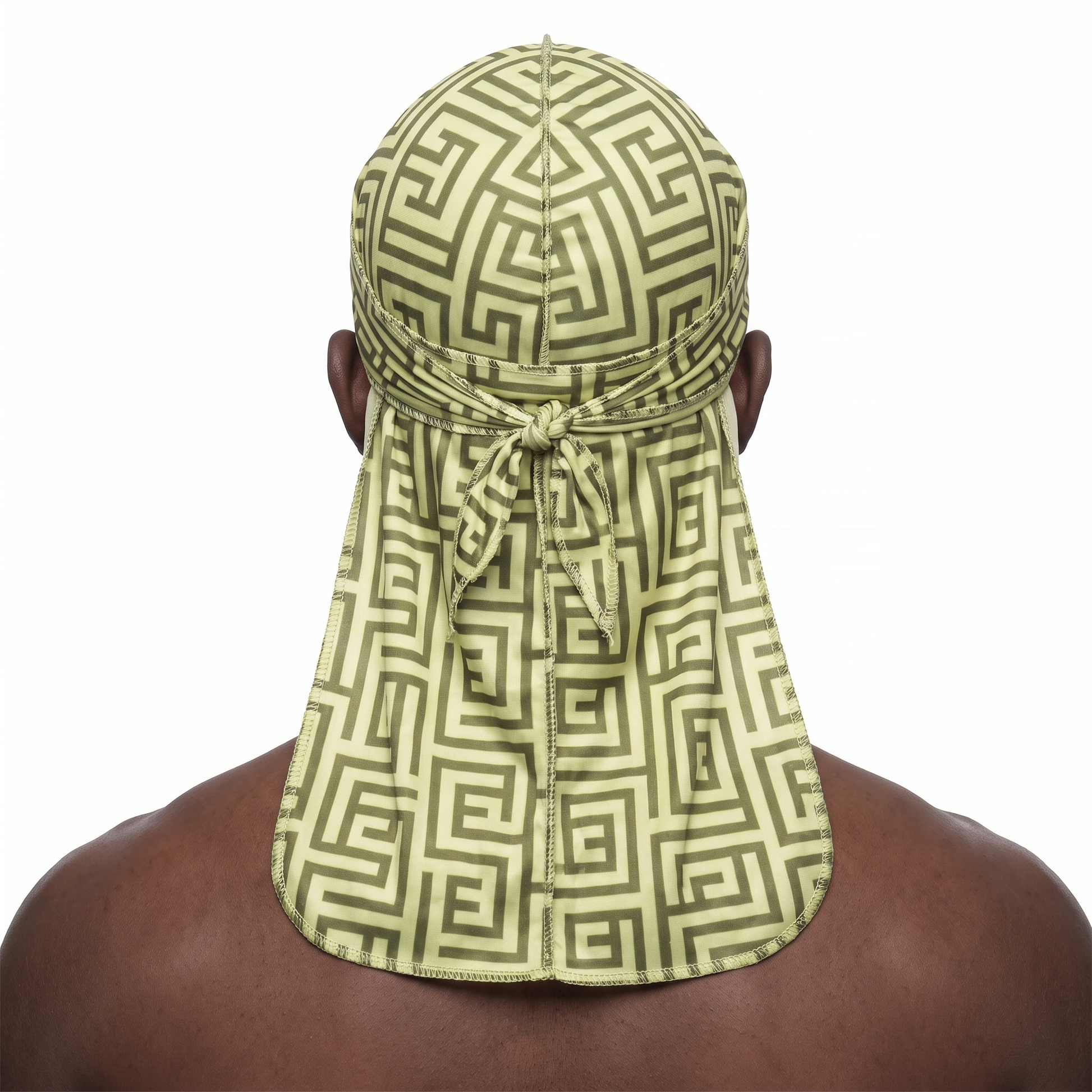 Olive Maze geometric Satin Silky Durag worn by male model, back view showing tied wrap and tail