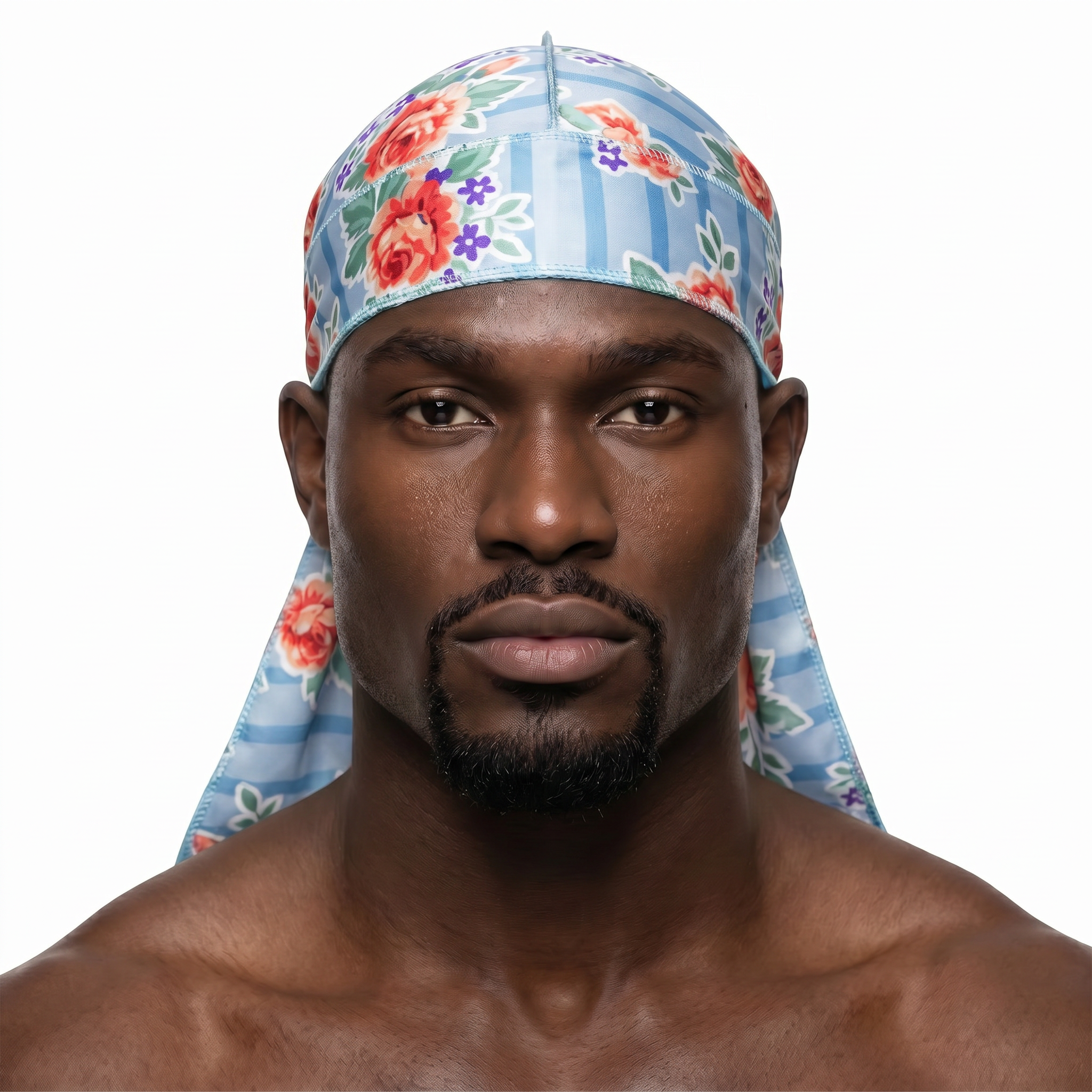 Denim Jean Retro Roses floral Satin Silky Durag worn by male model, front view on white background