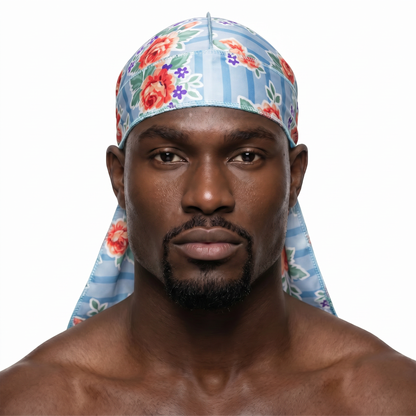 Denim Jean Retro Roses floral Satin Silky Durag worn by male model, front view on white background