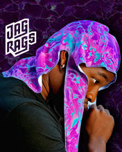 A  model getting ready to tie durag onto head